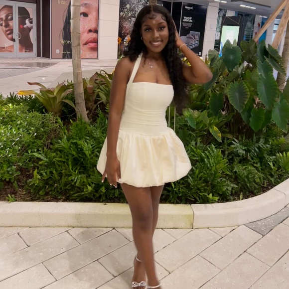 Oh Polly LUDMILA Halterneck Lace-Up Bubble Hem Corset Micro Mini Dress in Ivory - Picture 1 of 5
